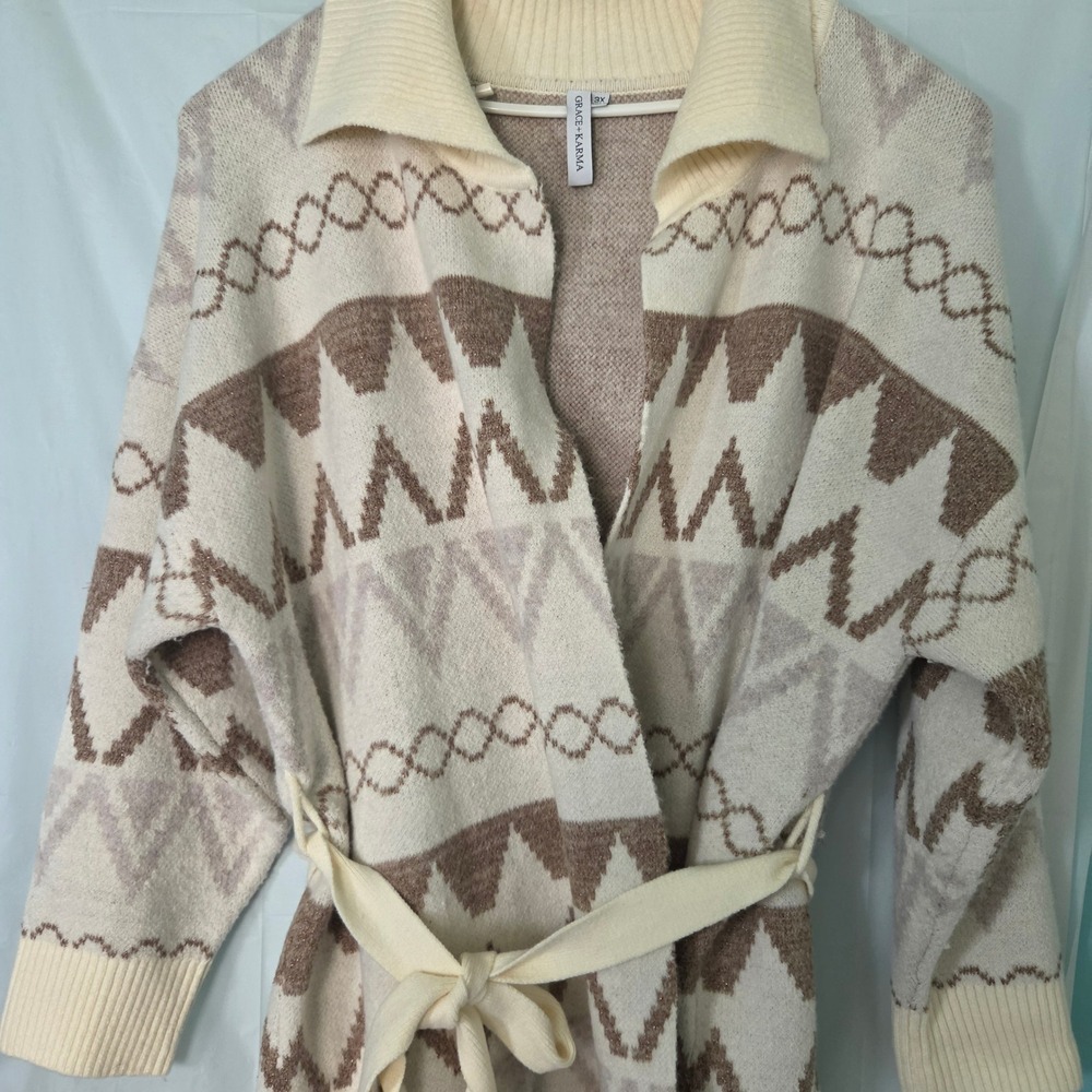 Grace + Karma Women 3X Geometric Metallic Knit Belted Open Front Cardigan Cream